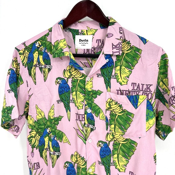 Duvin Talk Dirty To Me Shirt Mens Size XS Pink Parrot Loop Collar Hawaiian‎ RARE - Picture 2 of 7